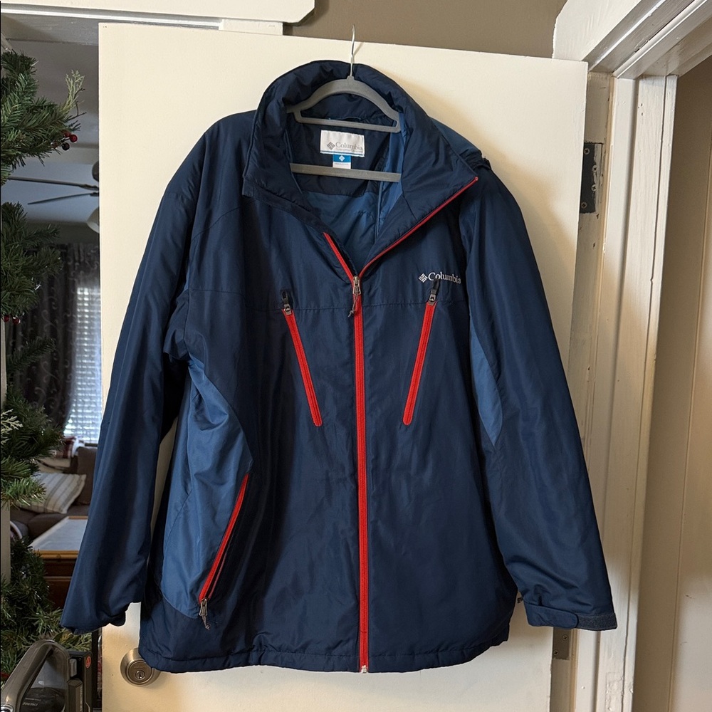 Columbia Dark Blue Jacket with Bright Red Zippers